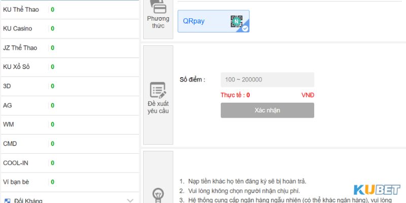 Lưu ý quan trong khi nạp tiền Kubet